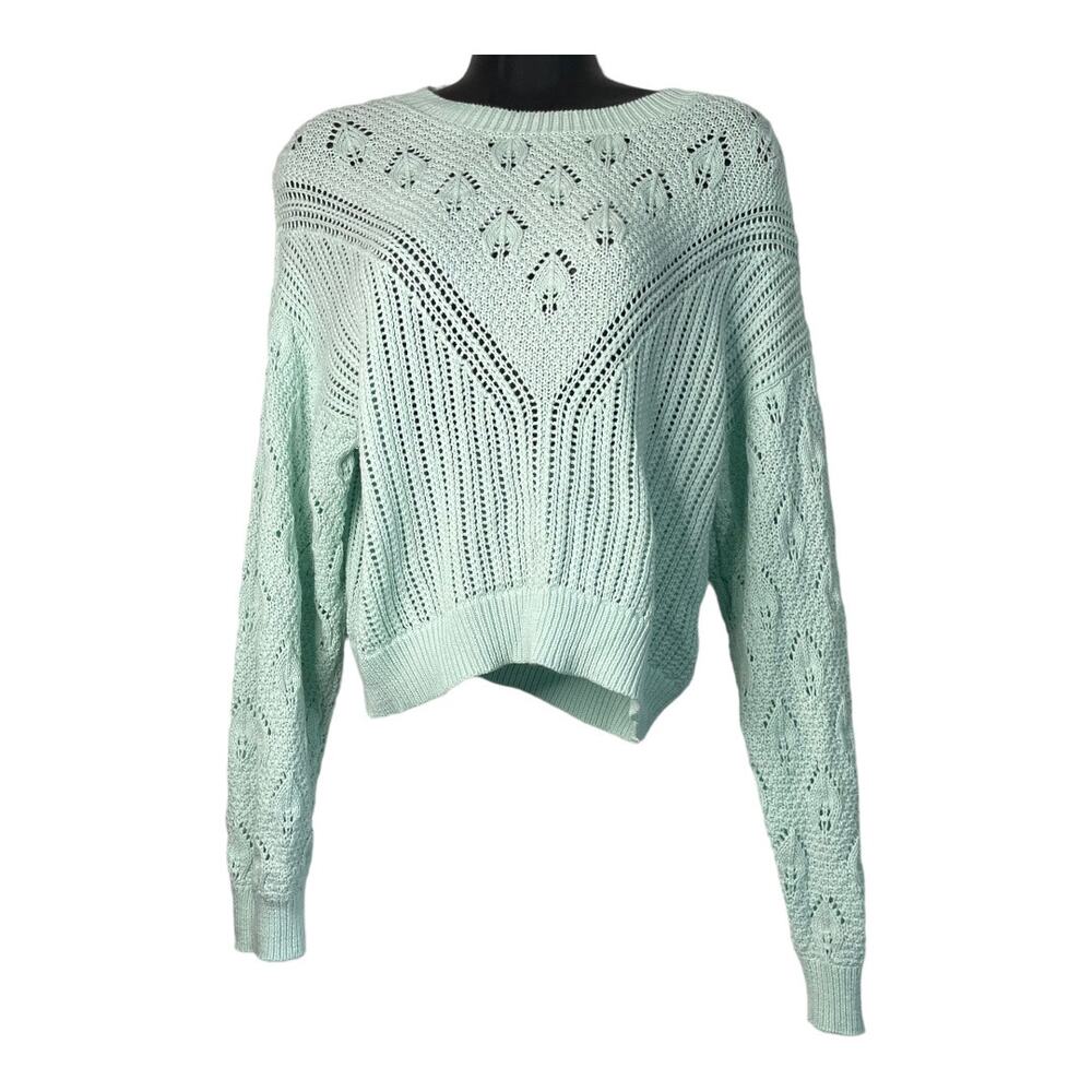 Forever 21 Womens Size Medium Crewneck Cropped Long Sleeve Green Knit Sweater